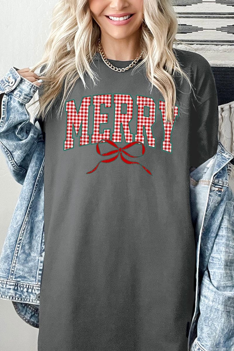 5000P-E3206 Plaid Merry Christmas Bow Graphic Plus Heavy Cotton Tee $12.75