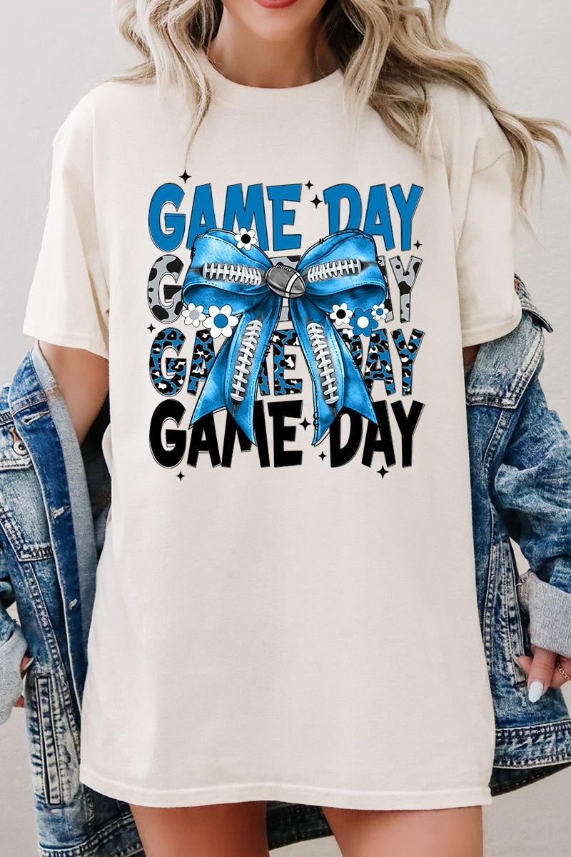 5000P-E3089 Blue Silver Football Bow Plus Heavy Cotton Tee $12.75