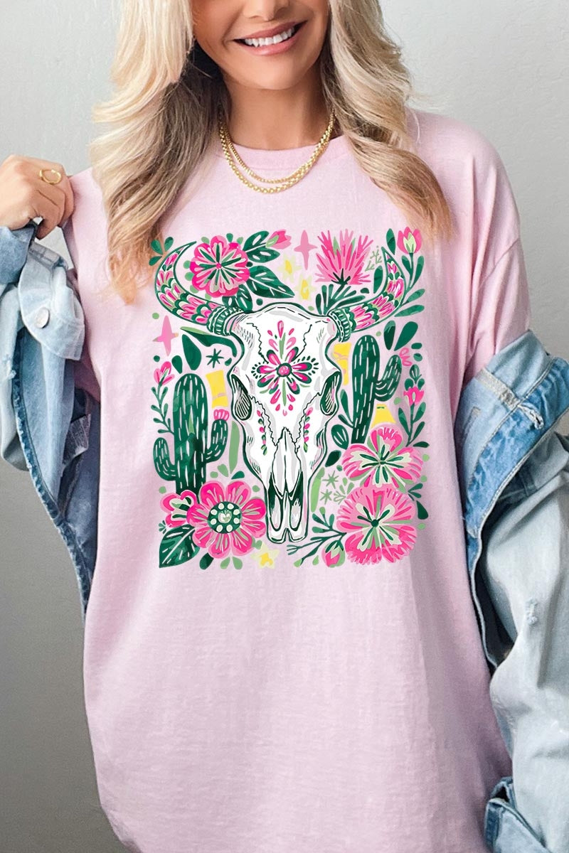 5000-E3086 Western Floral Cow Skull Graphic Heavy Cotton Tee $9