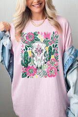 5000-E3086 Western Floral Cow Skull Graphic Heavy Cotton Tee $9