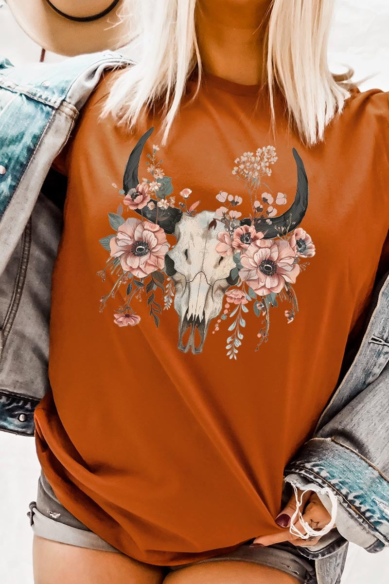 US3001P-E3113 Western Skull Floral Graphic Plus Tee $16