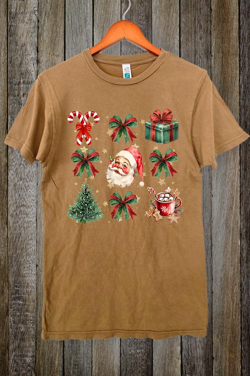 LS002-E3217 Santa Gifts & Bows Christmas Graphic Vintage Tee $15.5