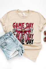 US3001-E3093 Red Silver Football Game Day Bow Graphic Tee $12.5