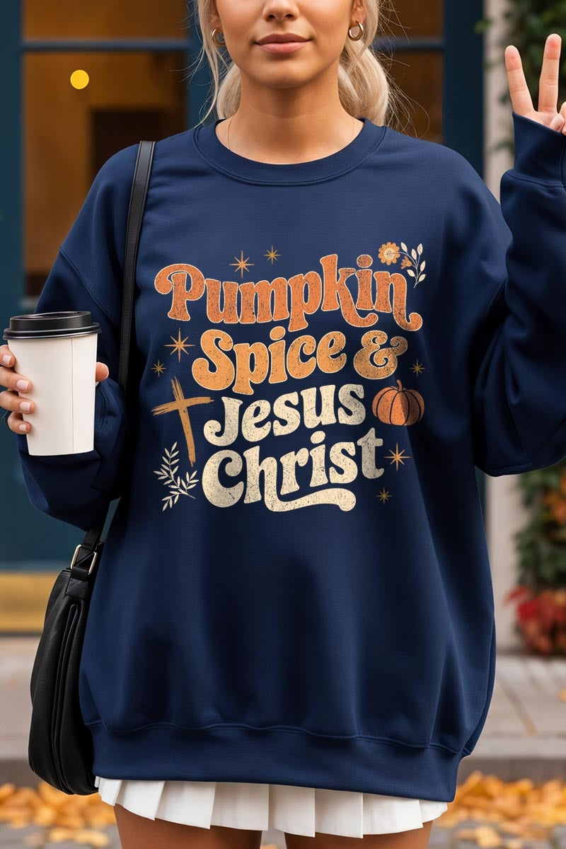 UL180P-E3164 Pumpkin Spice & Jesus Graphic Plus Sweatshirt $25