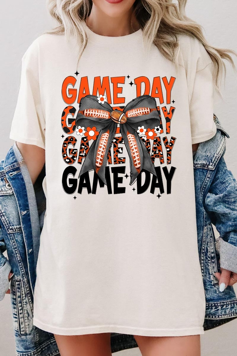 5000P-E3088 Orange Black Football Bow Plus Heavy Cotton Tee $12.75