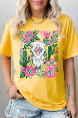 5000-E3086 Western Floral Cow Skull Graphic Heavy Cotton Tee $9