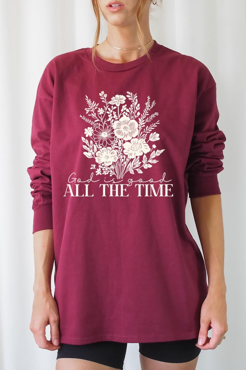 UL240-E3116 God Is Good Floral Graphic Long Sleeve Tee $13.75