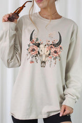 UL240-E3113 Western Skull Floral Graphic Long Sleeve Tee $13.75