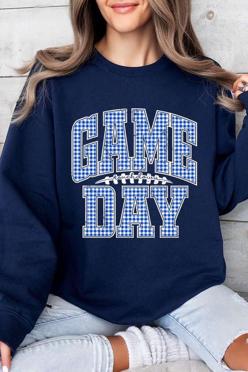 UL180P-E3130 Blue Gingham Game Day Graphic Plus Sweatshirt $25