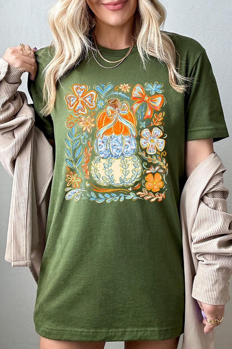 US3001P-E3153 Floral Pumpkin Stack Graphic Plus Tee $16