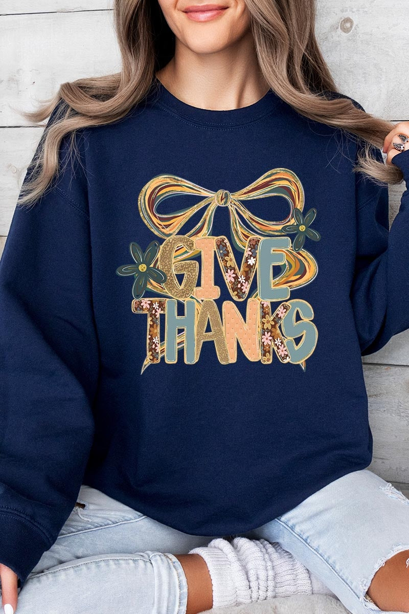 UL180P-E3154 Give Thanks Bow Graphic Plus Sweatshirt $25