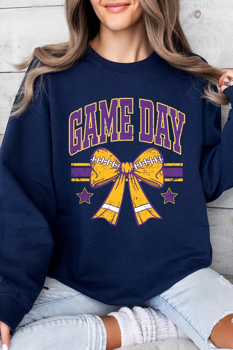 UL180P-E3063 Purple Game Day Football Bow Plus Sweatshirt $25