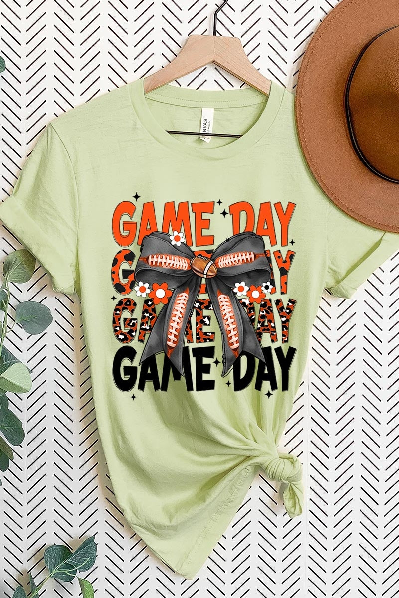 US3001-E3088 Orange Black Football Game Day Bow Graphic Tee $12.5