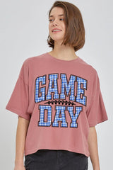 CTS-E3130 Blue Gingham Game Day Graphic Relaxed Crop Top $11