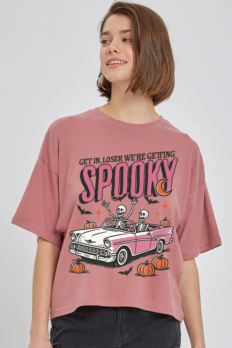 CTS-E3142 Spooky Skeleton Graphic Relaxed Crop Top $11