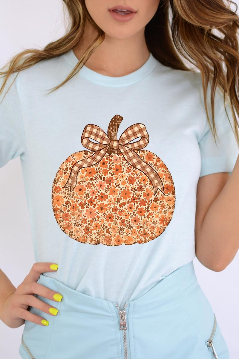 US3001-E3135 Floral Fall Pumpkin Graphic Tee $12.5