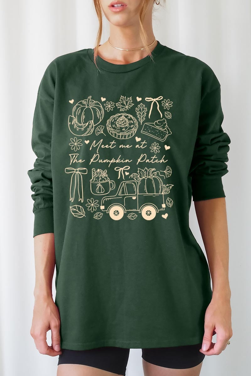 UL240-E3163 Pumpkin Patch Doodle Graphic Long Sleeve Tee $13.75