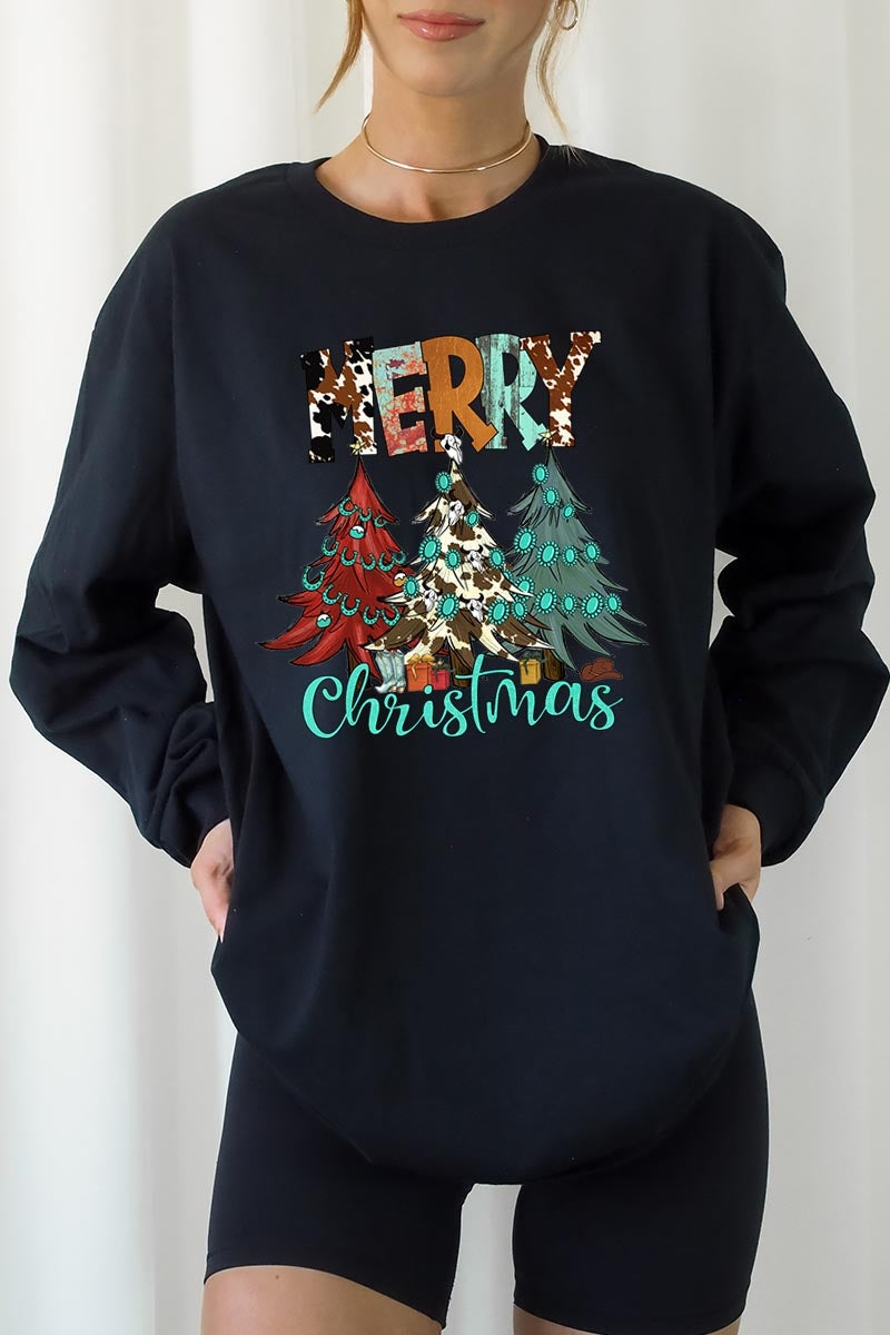 UL240P-E3200 Merry Christmas Trees Graphic Plus Long Sleeve Tee $17