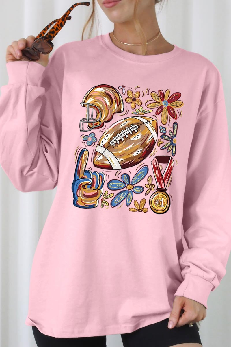 UL240-E3072 Retro Floral Football Graphic Long Sleeve Tee $13.75