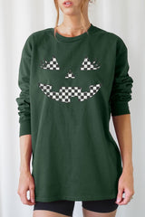 UL240-E3149 Checker Pumpkin Face Graphic Long Sleeve Tee $13.75