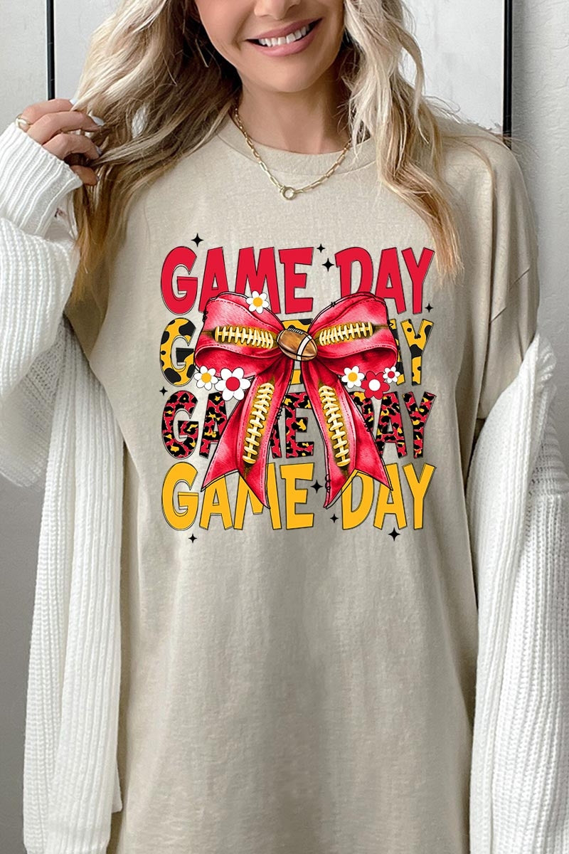 5000-E3091 Red Yellow Football Game Day Bow Heavy Cotton Tee $9