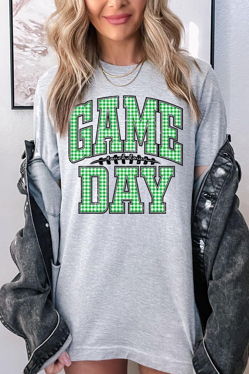 US3001-E3128 Green Gingham Game Day Graphic Tee $12.5