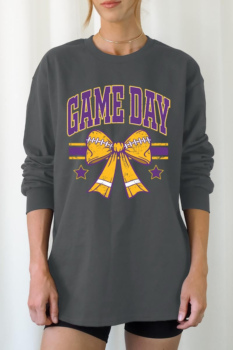 UL240-E3063 Purple Game Day Football Bow Long Sleeve Tee $13.75