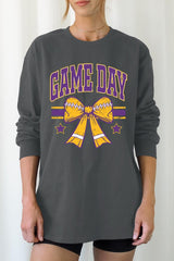 UL240-E3063 Purple Game Day Football Bow Long Sleeve Tee $13.75