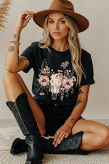 5000P-E3113 Western Skull Floral Graphic Plus Heavy Cotton Tee $12.75