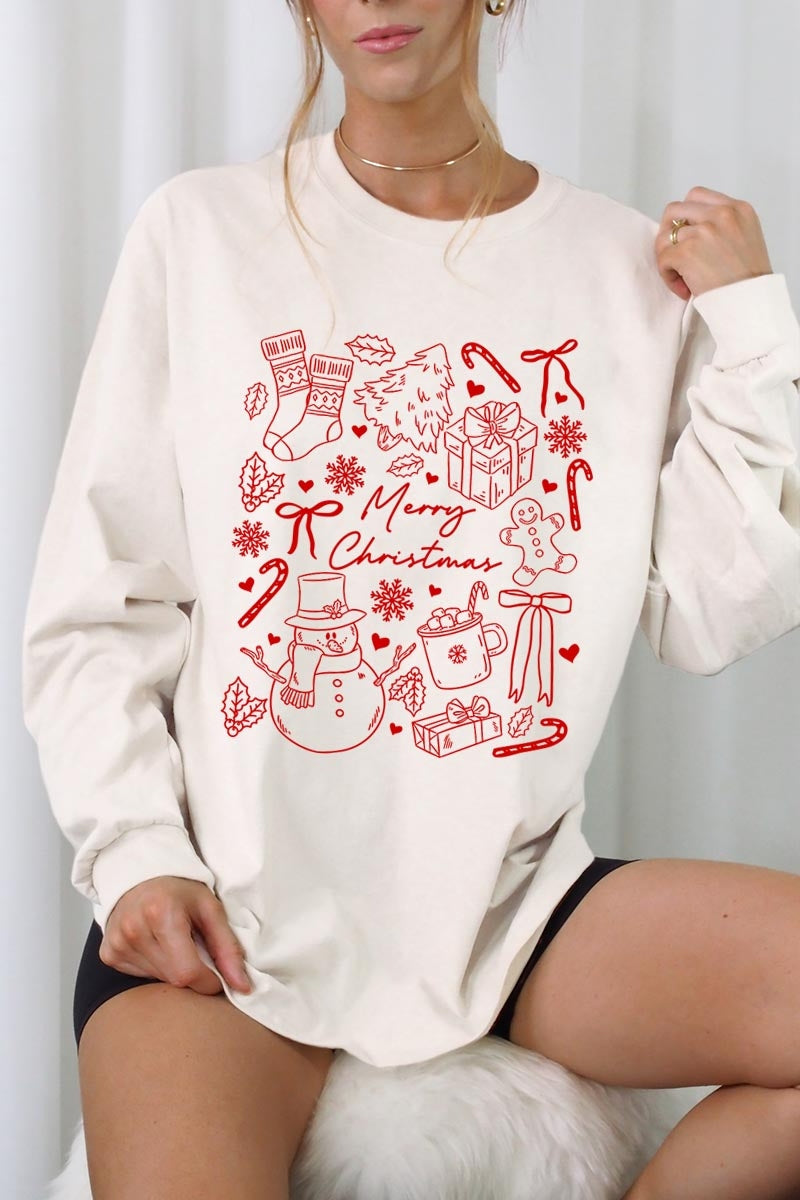 UL240-E3181 Christmas Doodle Graphic Long Sleeve Tee $13.75