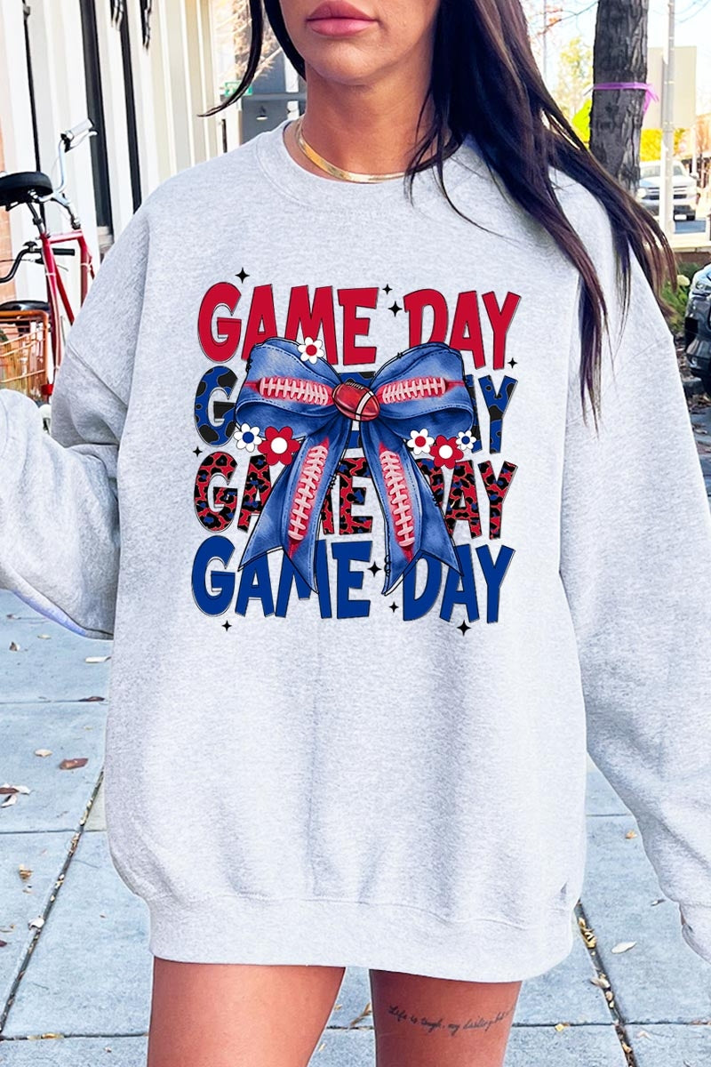 UL180-E3087 Red Blue Football Game Day Bow Graphic Sweatshirt $20