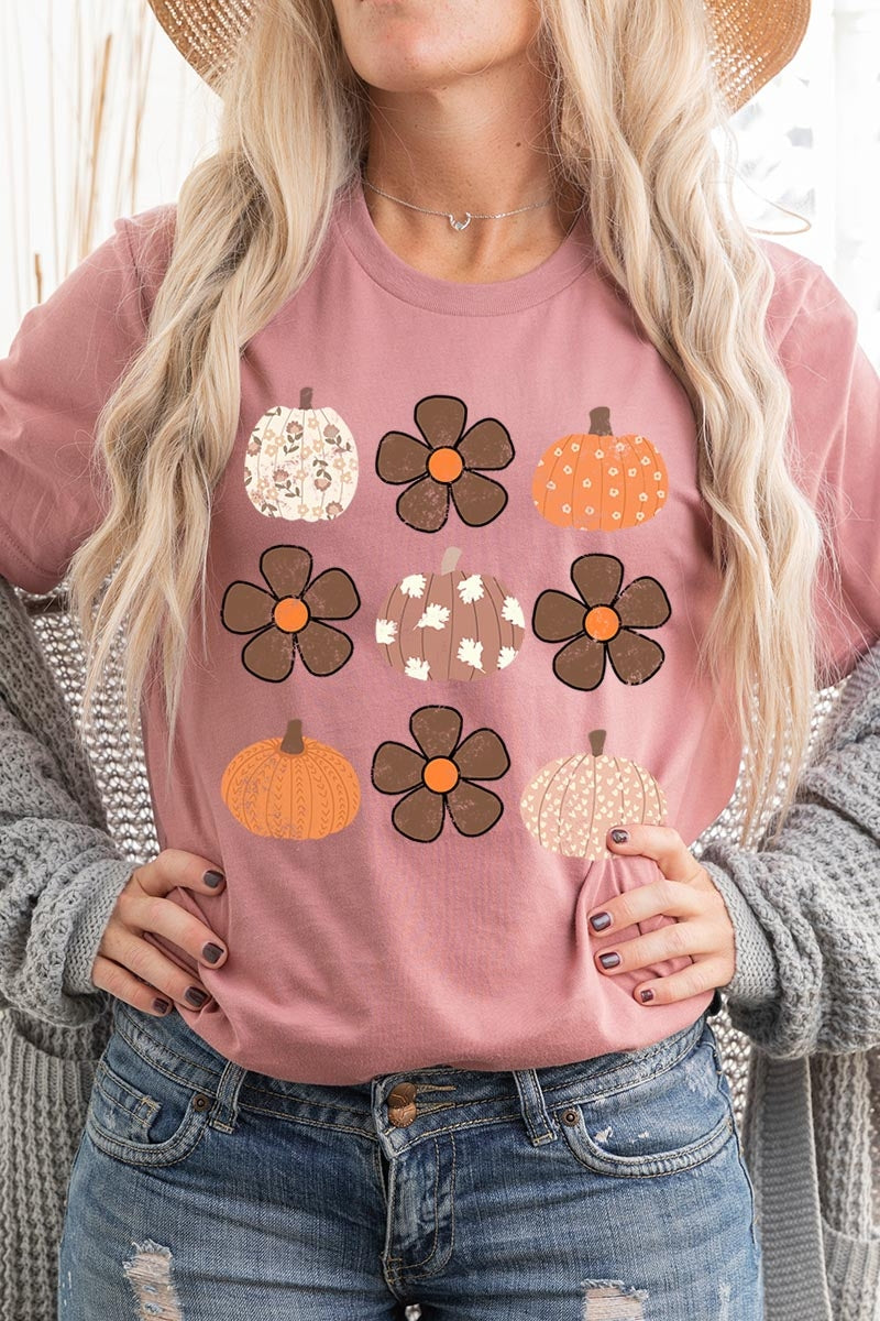 US3001-E3117 Pumpkins & Flowers Fall Graphic Tee $12.5