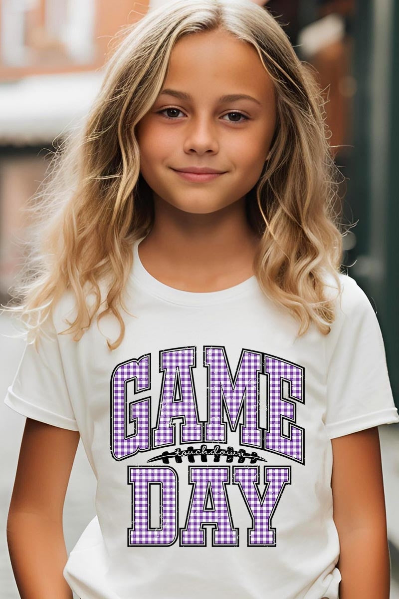 US3001Y-E3127Z Purple Gingham Game Day Kids Graphic Tee $11