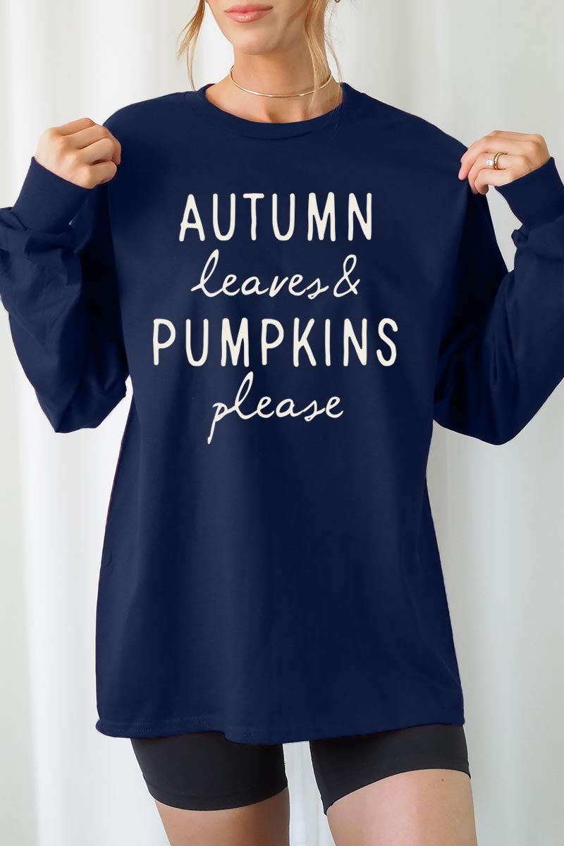 UL240-E3158 Autumn Leaves Pumpkins Graphic Long Sleeve Tee $13.75