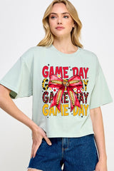CTS-E3091 Red Yellow Football Game Day Bow Relaxed Crop Top $11