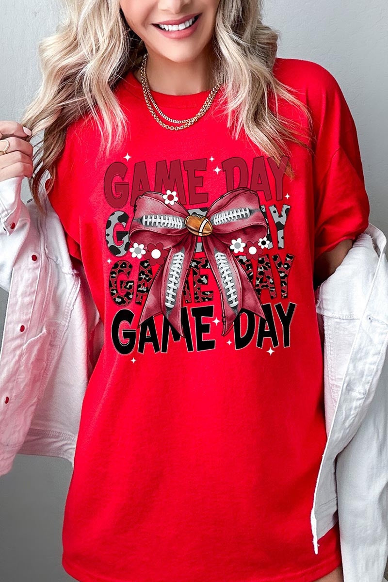 5000P-E3093 Red Silver Football Bow Plus Heavy Cotton Tee $12.75