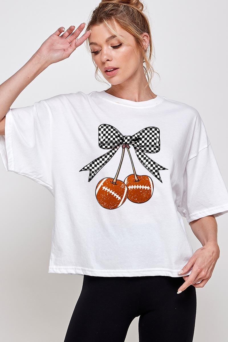 CTS-E3055 Football Cherries Graphic Relaxed Crop Top $10.5