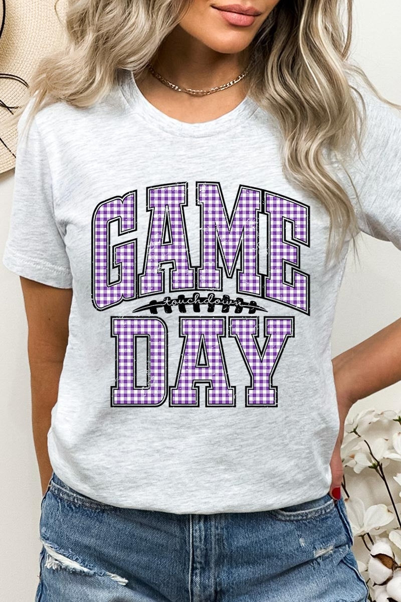 US3001P-E3127 Purple Gingham Game Day Graphic Plus Tee $16