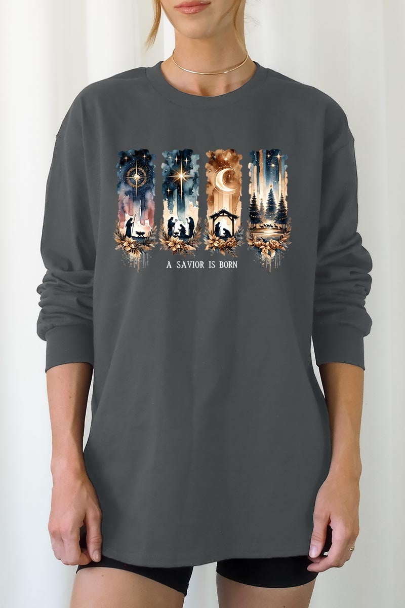 UL240P-E3204 Savior Is Born Nativity Graphic Plus Long Sleeve Tee $17