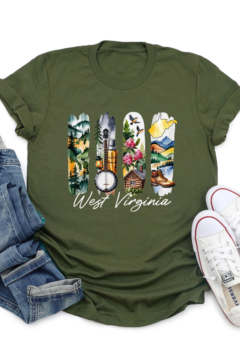 US3001P-E3061WV West Virginia State Brushstroke Graphic Plus Tee $16