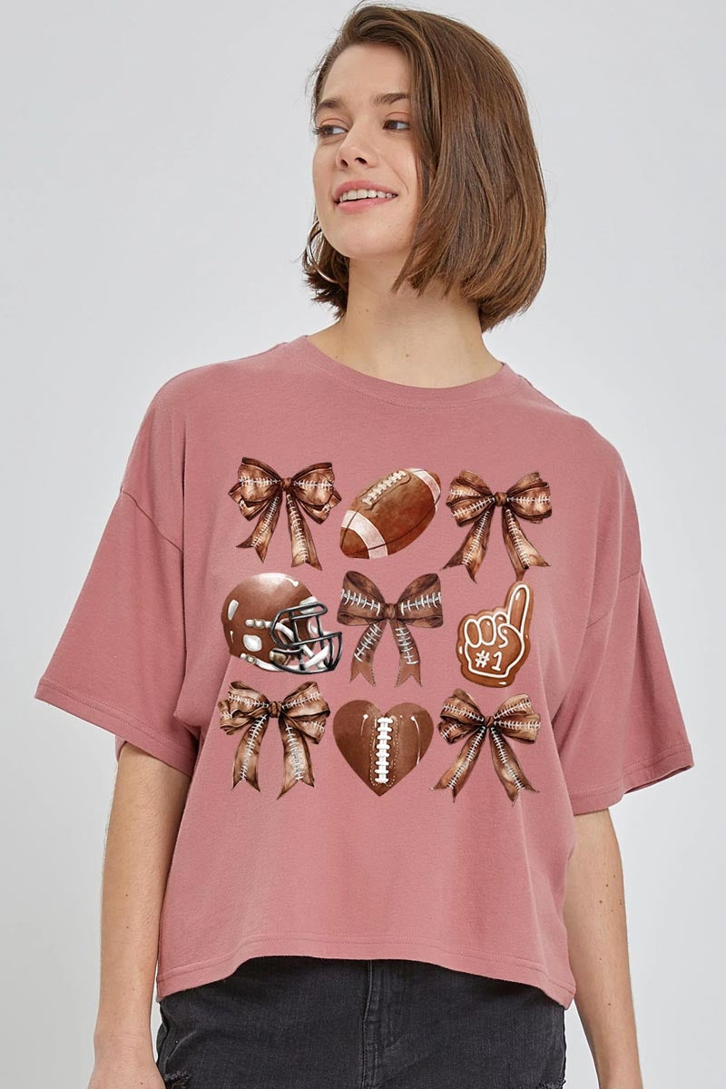 CTS-E3054 Cute Football and Bow Graphic Relaxed Crop Top $10.5