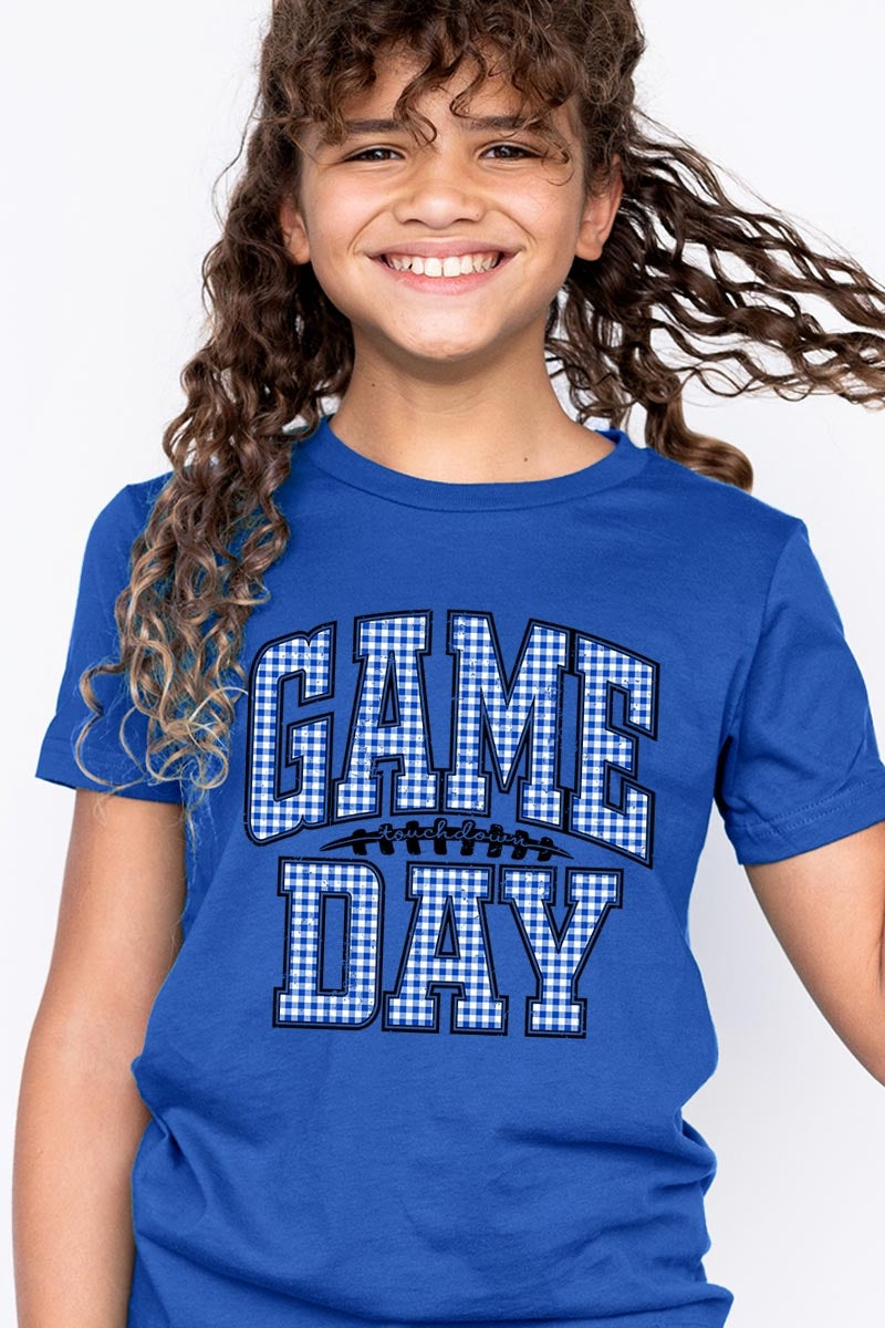 US3001Y-E3130Z Blue Gingham Game Day Kids Graphic Tee $11