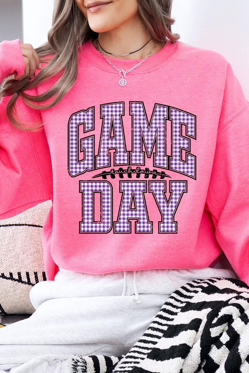 UL180P-E3127 Purple Gingham Game Day Graphic Plus Sweatshirt $25