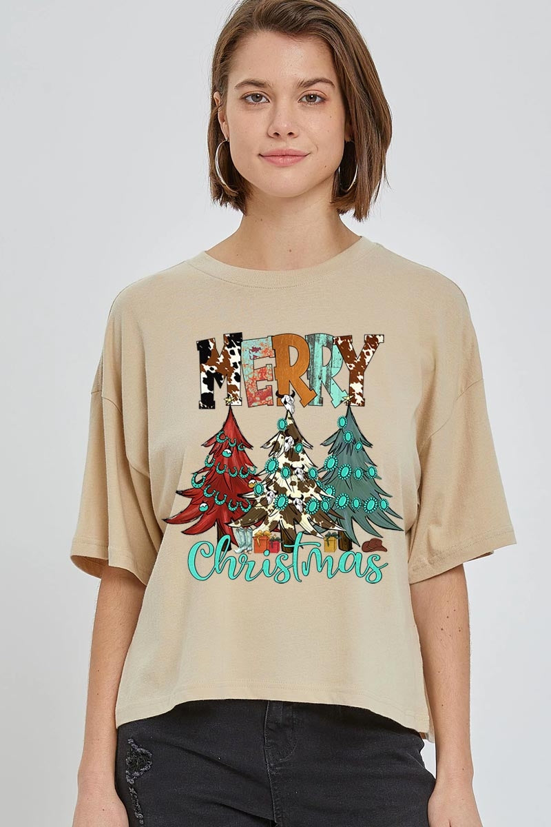 CTS-E3200 Merry Christmas Trees Graphic Relaxed Crop Top $11