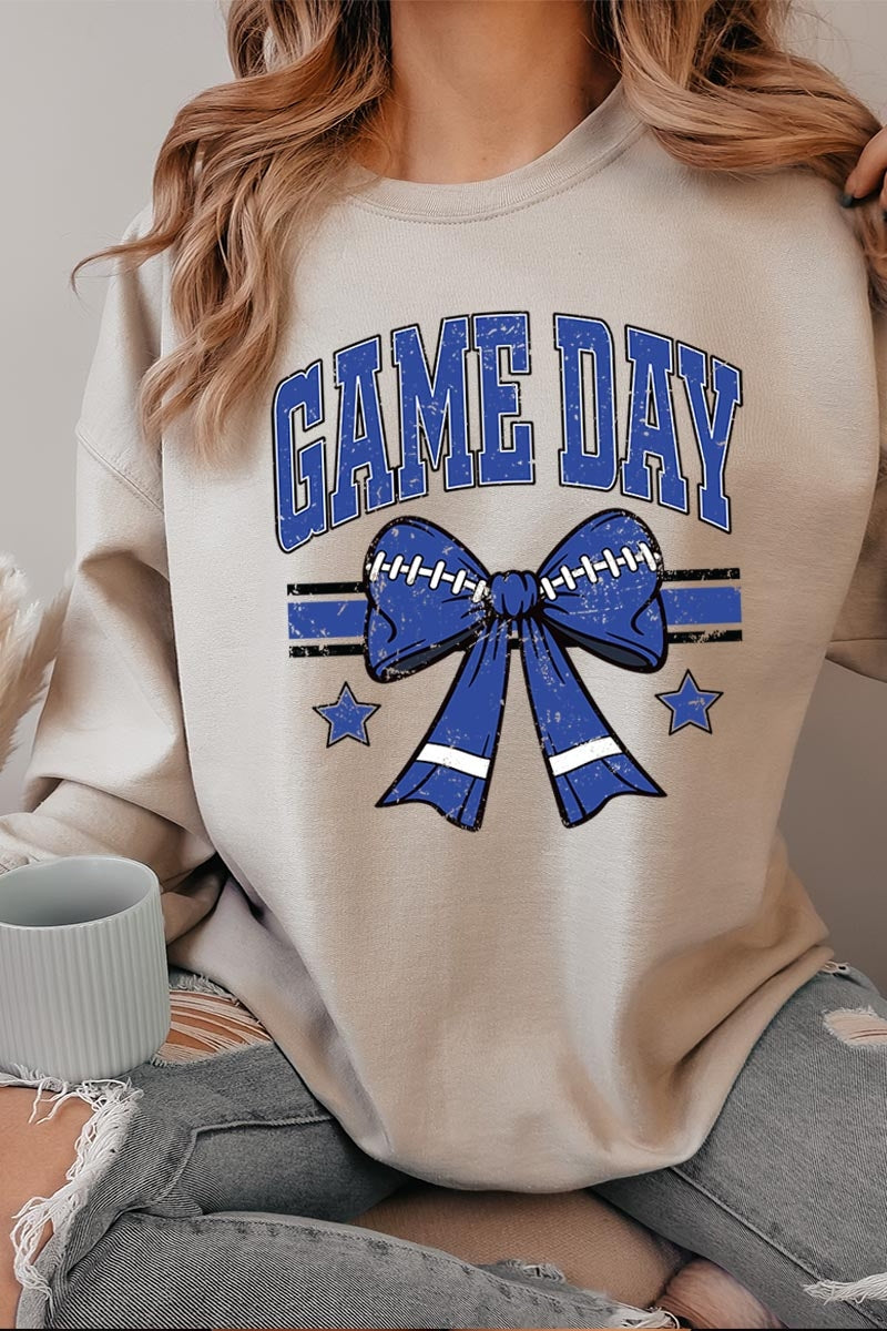 UL180P-E3065 Blue Game Day Football Bow Graphic Plus Sweatshirt $25