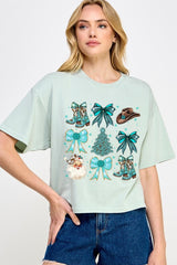 CTS-E3180 Western Christmas Graphic Relaxed Crop Top $11