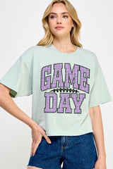 CTS-E3127 Purple Gingham Game Day Graphic Relaxed Crop Top $11
