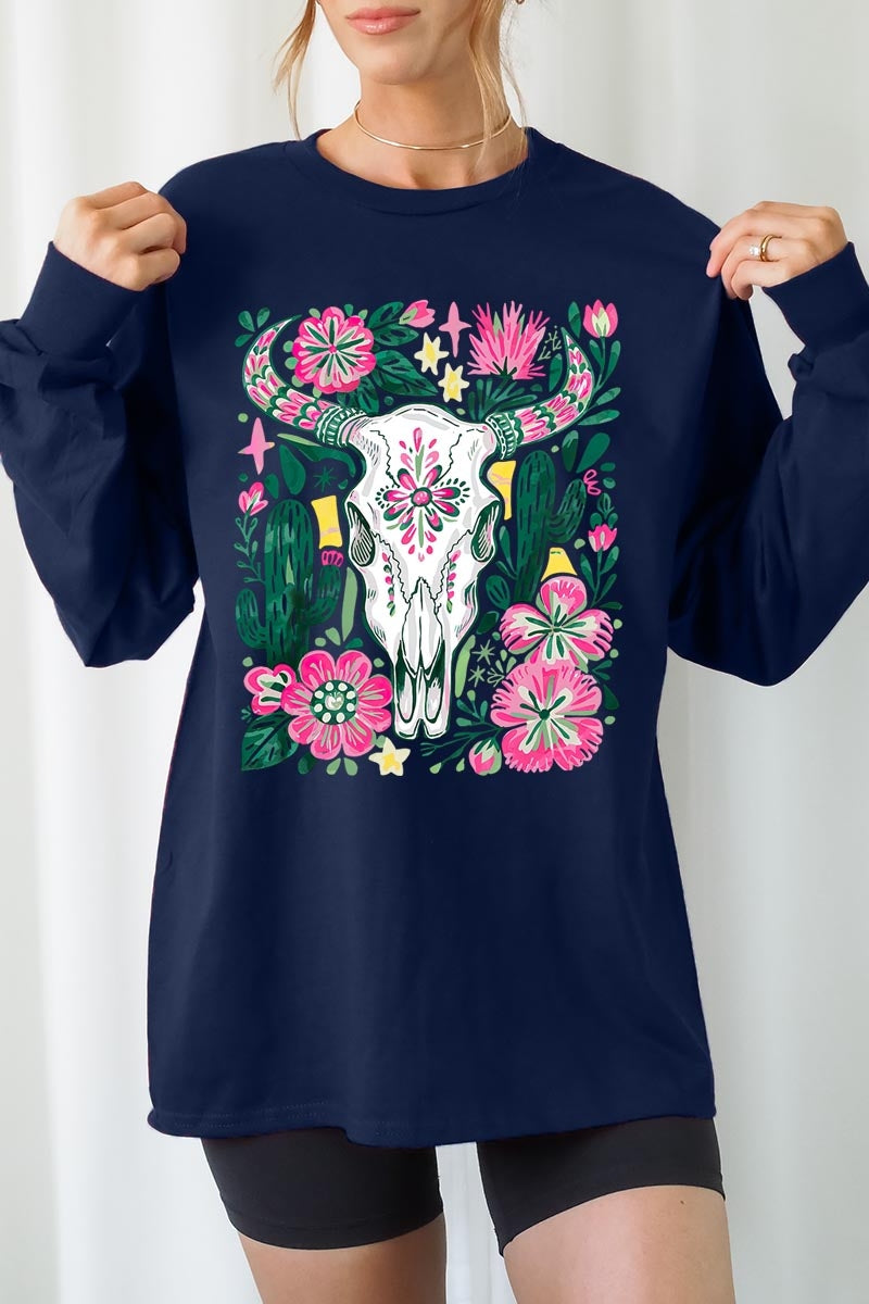 UL240-E3086 Western Floral Cow Skull Graphic Long Sleeve Tee $13.75