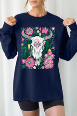 UL240P-E3086 Western Floral Cow Skull Graphic Plus Long Sleeve Tee $17