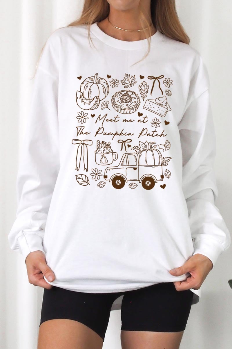UL240-E3163 Pumpkin Patch Doodle Graphic Long Sleeve Tee $13.75